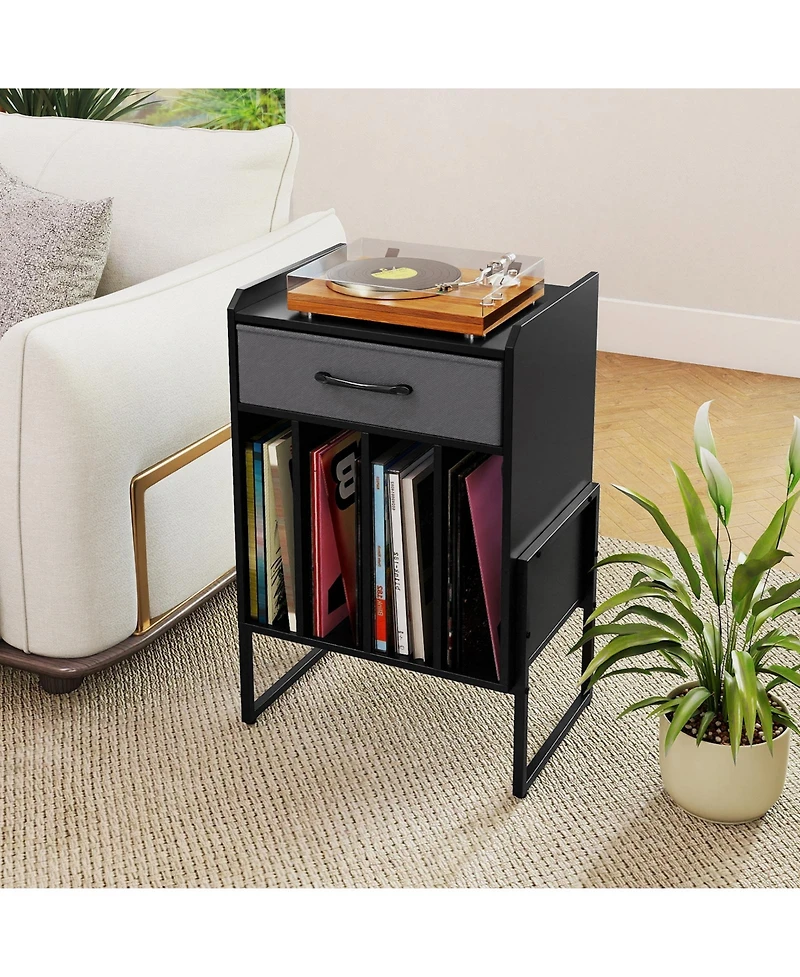 Slickblue Record Player Table with Drawer and Vinyl Holder Storage for Albums
