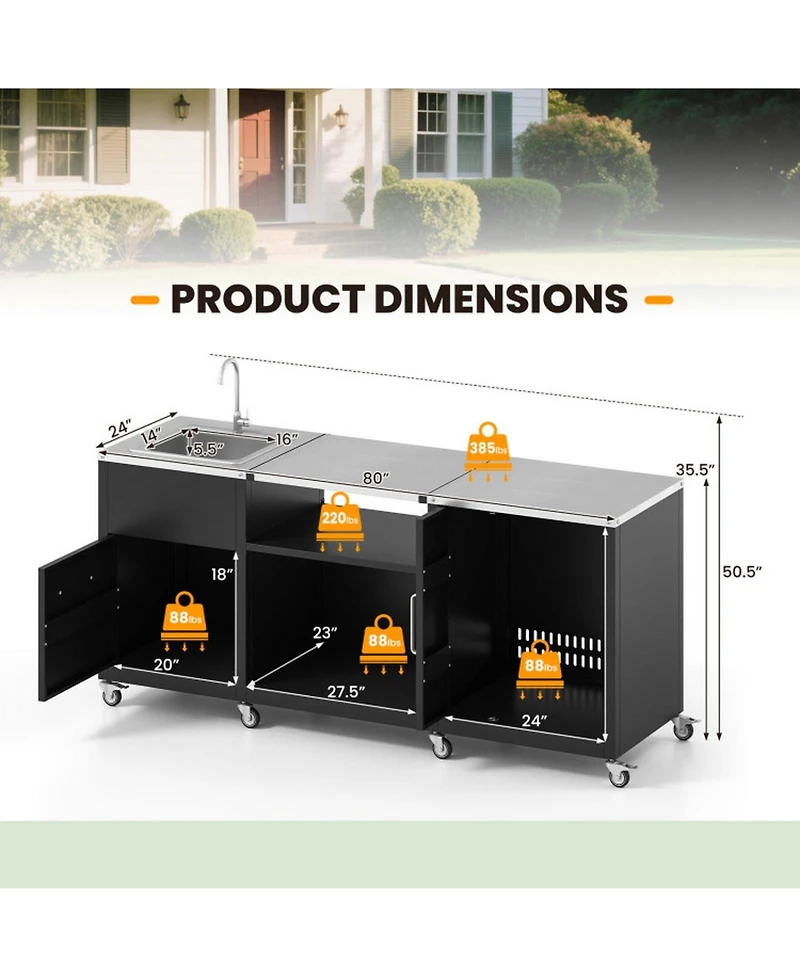Gouun in Outdoor Grill Cart Table with Sink and Drainage, Stainless Steel Countertop