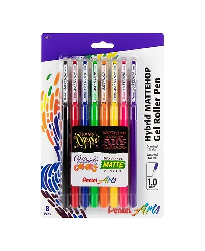 Pentel Arts Hybrid Mattehop Gel Roller, 1.0mm, Matte Assorted Colors, Pack of 8 Pens