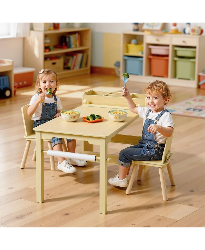 Sugift Kids Art Table and Chair Set, Wooden Craft Table with 3-Tier Storage, Light Wood