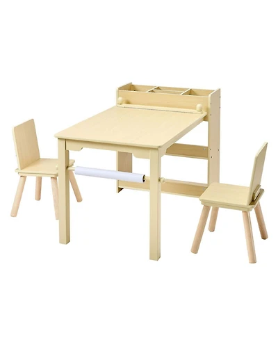 Sugift Kids Art Table and Chair Set, Wooden Craft Table with 3-Tier Storage, Light Wood