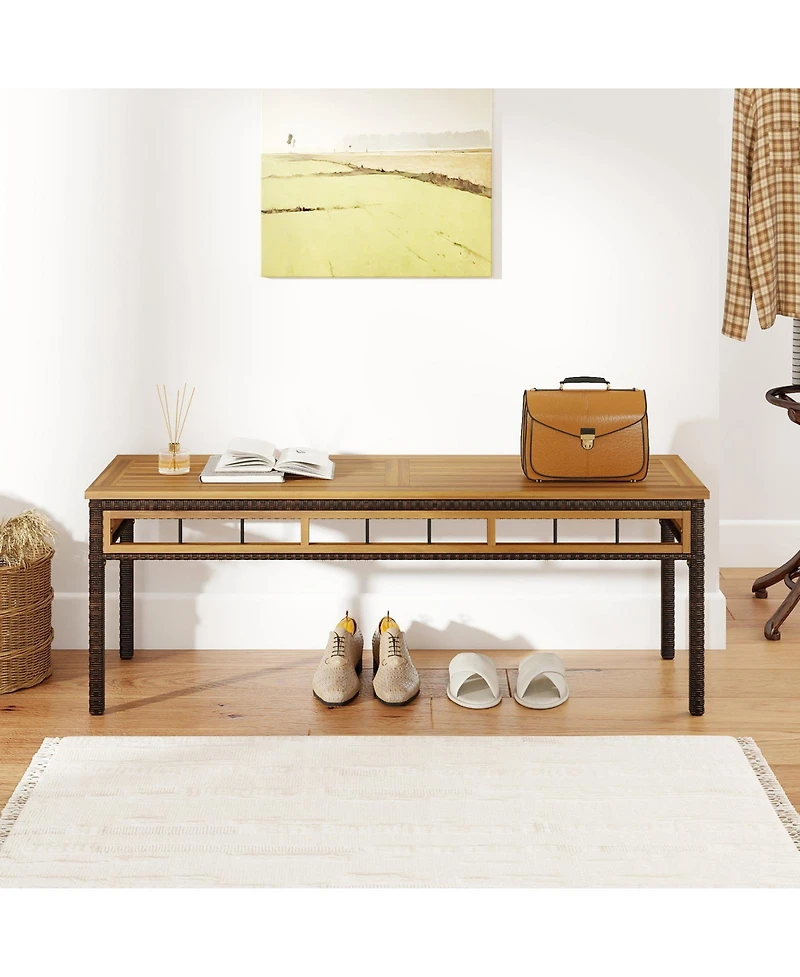 Sugift Wicker Patio Backless Dining Bench with Acacia Wood Seat
