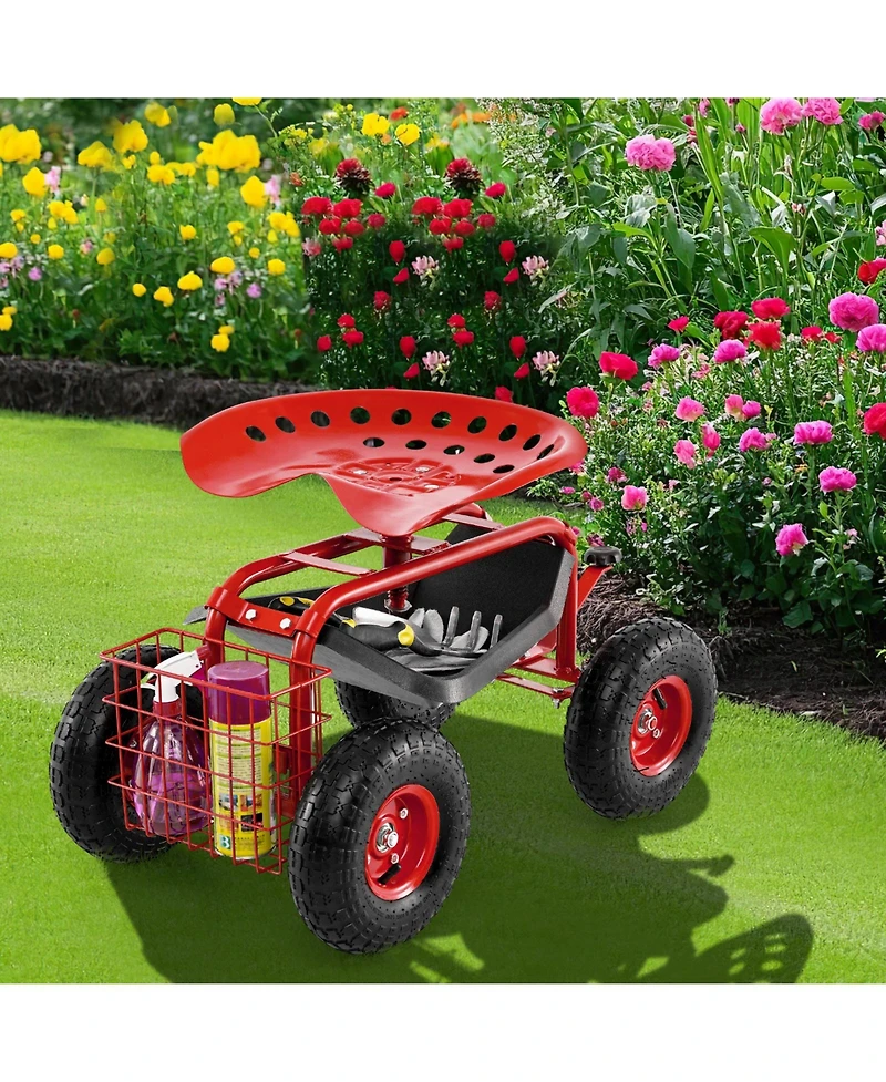 Sugift Four Wheel Rolling Garden Cart with Work Seat