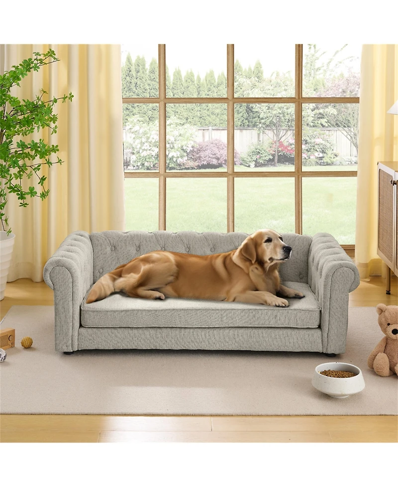 Clihome Elevated Dog Sofa Bed, 55 Inch Durable Linen Fabric Pet Couch for Big and Oversized Dogs