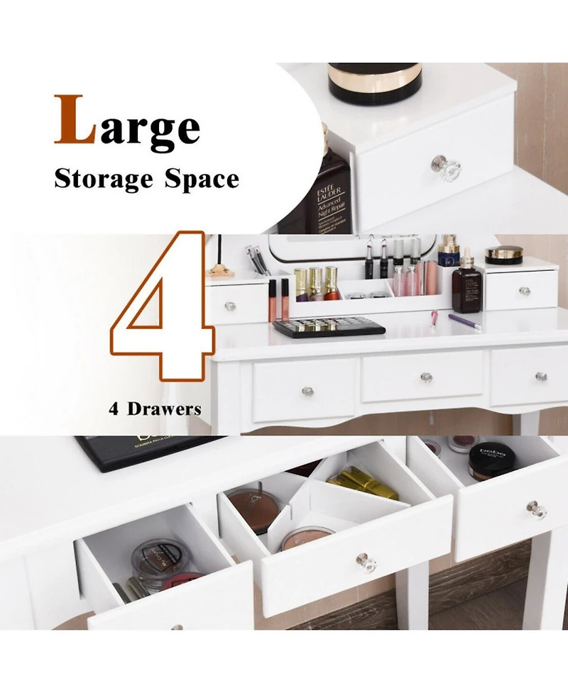 Gouun 10-Light Makeup Vanity Desk with 5 Drawers, Detachable Organizers and Padded Stool