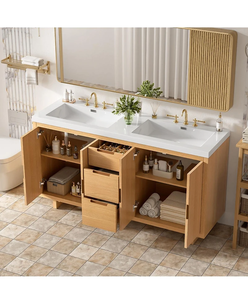 Sillysis Double Sink Freestanding Bathroom Vanity, Soft Close Doors and Drawers, Smc Resin Top, Adjustable Shelves, Ample Storage