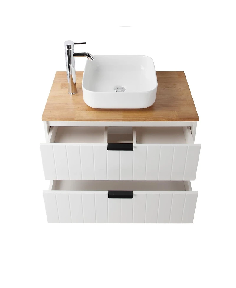 Sillysis Wall Mounted Bathroom Vanity with Solid Wood Top, Square Ceramic Sink, Double Drawers, Modern Storage for Small Spaces