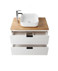 Sillysis Wall Mounted Bathroom Vanity with Solid Wood Top, Square Ceramic Sink, Double Drawers, Modern Storage for Small Spaces