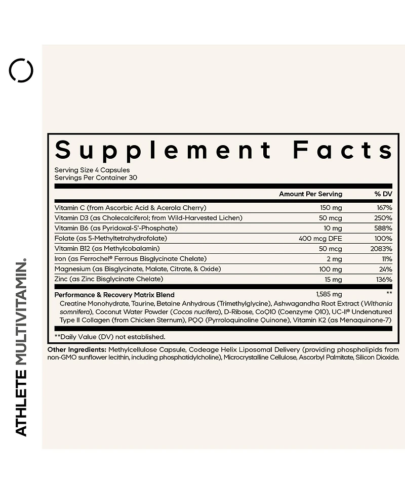 Codeage Athlete Multivitamin Platinum, Creatine Taurine, Electrolytes, CoQ10, Uc-ii Collagen, 120 Capsules