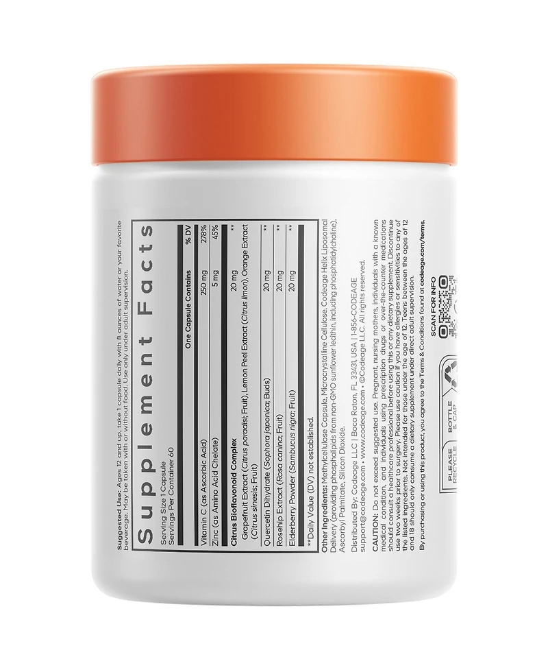 Codeage Teen Vitamin C, Quercetin, Zinc, Elderberry, Rosehip, Citrus Bioflavonoids, 60 Capsules