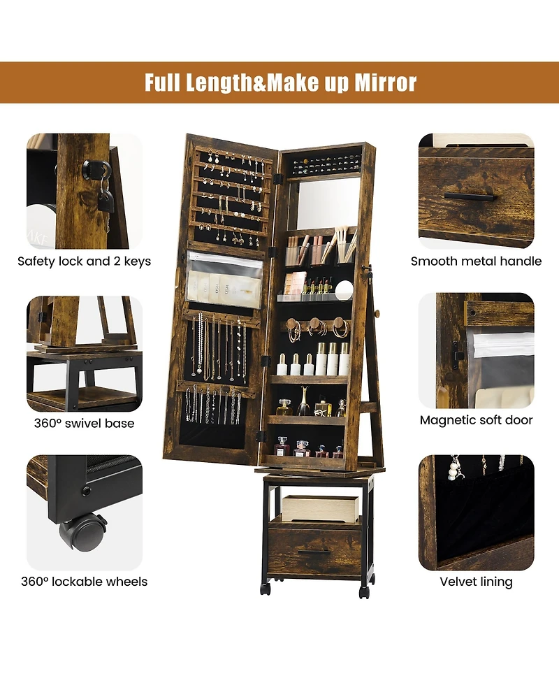 homfan Standing Jewelry Armoire with Full-Length Mirror, Rotating Base, Lockable Storage and Suede Lining