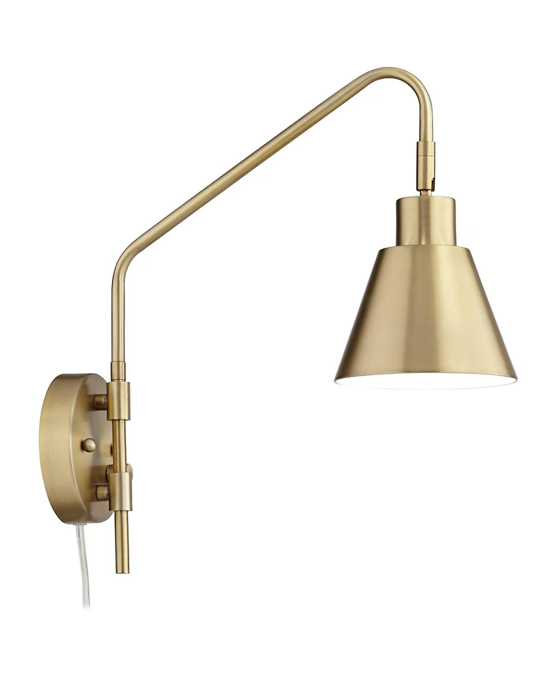 360 Lighting Marybel Modern Swing Arm Wall Lamp with Cord Cover Brass Gold Plug-in Light Fixture Tapered Metal Shade for Bedroom Bedside Living Room