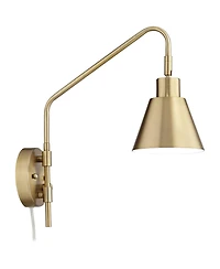 360 Lighting Marybel Modern Swing Arm Wall Lamp with Cord Cover Brass Gold Plug-in Light Fixture Tapered Metal Shade for Bedroom Bedside Living Room