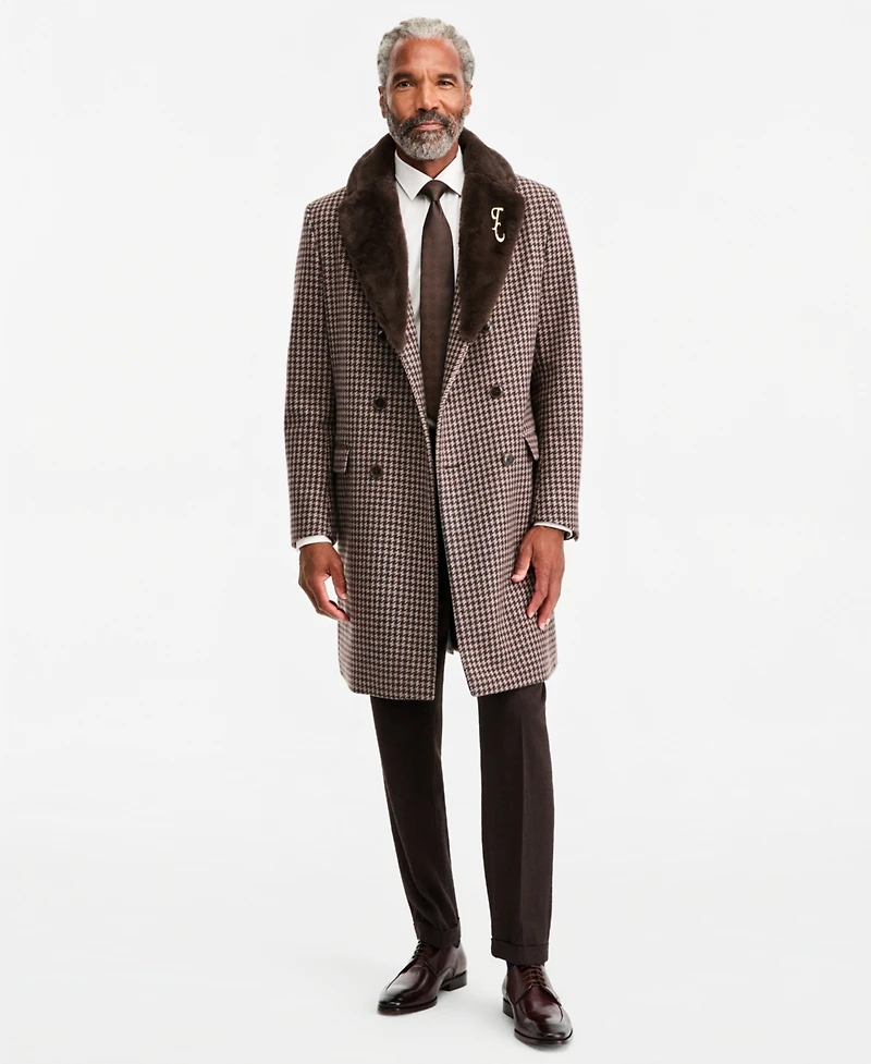 Tayion Collection Men's Regular Fit Tan Houndstooth Double-Breasted Overcoat