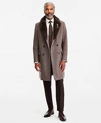 Tayion Collection Men's Regular Fit Tan Houndstooth Double-Breasted Overcoat