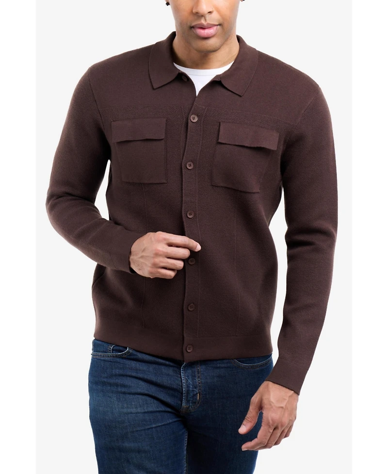 Spring + Mercer Men's Plus Long Sleeve Sweater With Full Buttoned Two Patch Pockets