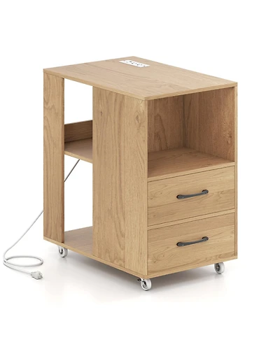 Slickblue Bedside Rolling End Table with Charging Station, Mobile Sofa Side Storage