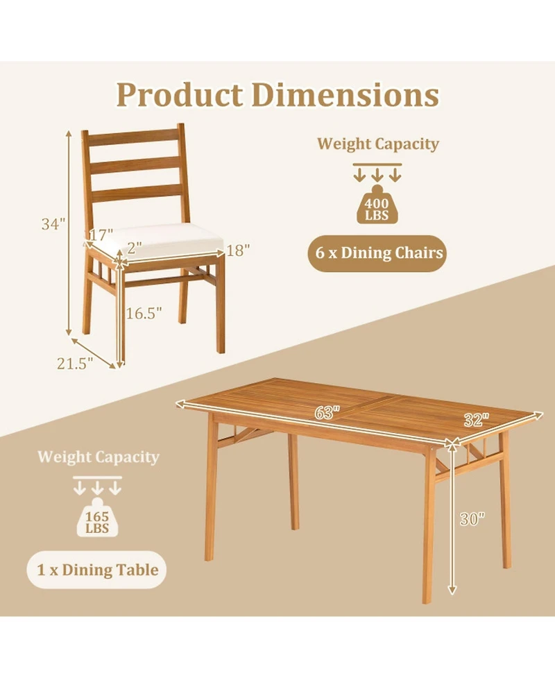 Gouun 7 Piece Acacia Wood Patio Dining Set with Rectangular Table and 6 Cushioned Armchairs