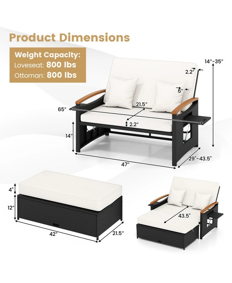 Gouun 3-in-1 Outdoor Wicker Daybed with Folding Side Panels and Ottoman