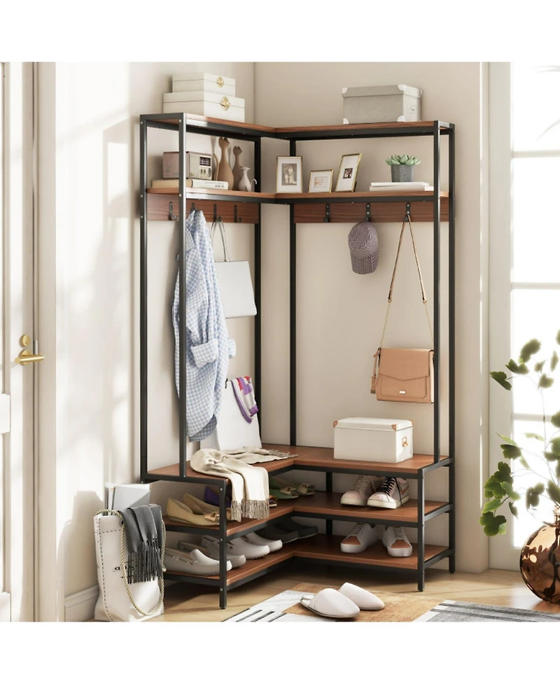 Gouun L-Shaped Corner Hall Tree with 7 Hooks, Shelves and Shoe Bench