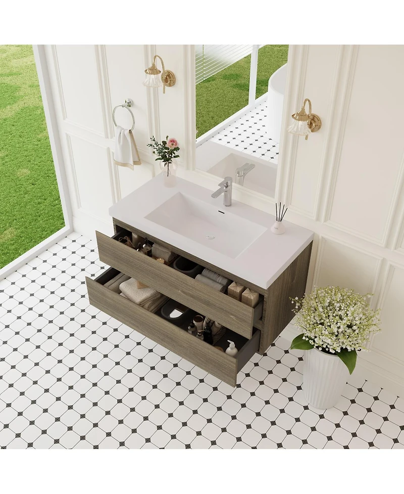 Sillysis Wall Mounted Bathroom Vanity with Resin Sink, Soft Close Drawers, Modern Storage Cabinet, Easy Installation