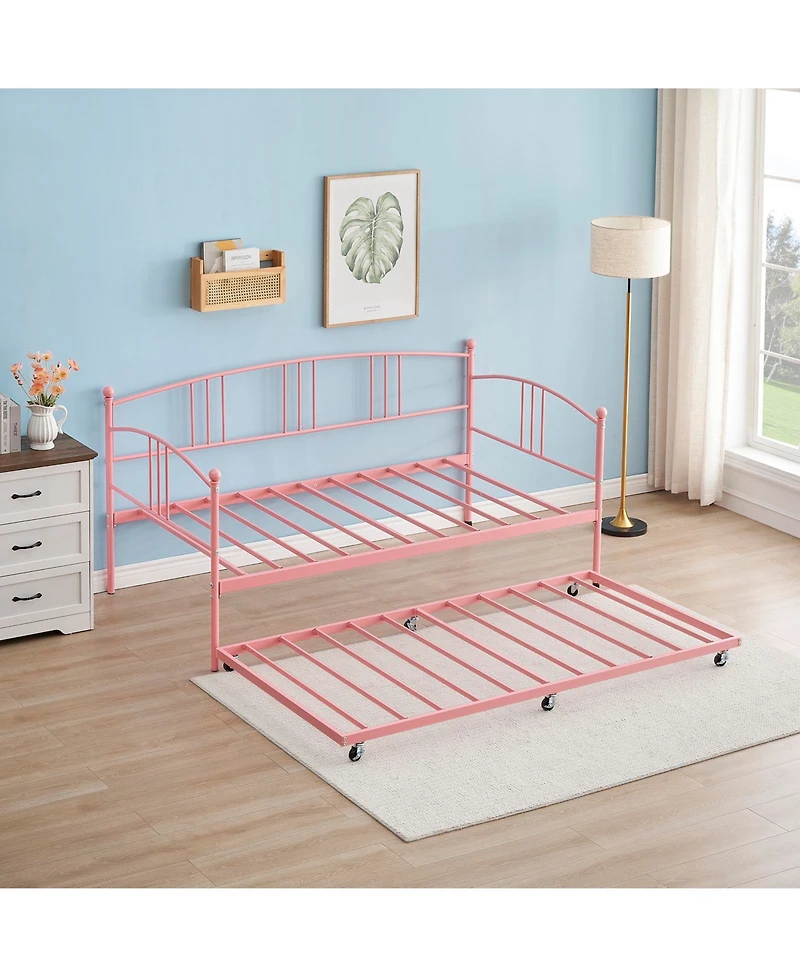 homfan Metal Daybed with Trundle, Pull-Out Guest Bed Frame 6 Casters and Steel Slat Support for Bedroom or Living Room