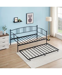 homfan Metal Daybed with Trundle, Pull-Out Guest Bed Frame 6 Casters and Steel Slat Support for Bedroom or Living Room
