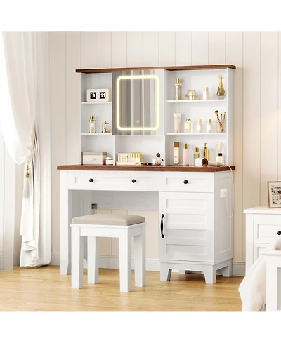 gaomon 42" Farmhouse Makeup Vanity Set with Lighted Mirror, Charging Station, Glass Top, Storage & Stool