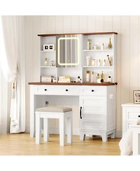 gaomon 42" Farmhouse Makeup Vanity Set with Lighted Mirror, Charging Station, Glass Top, Storage & Stool