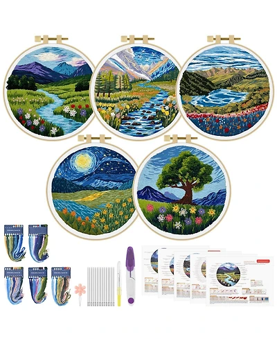 Gnuadz 5 Sets Embroidery Kit Beginner Butterfly Landscape Cloth Hoops Threads