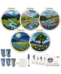 Gnuadz 5 Sets Embroidery Kit Beginner Butterfly Landscape Cloth Hoops Threads
