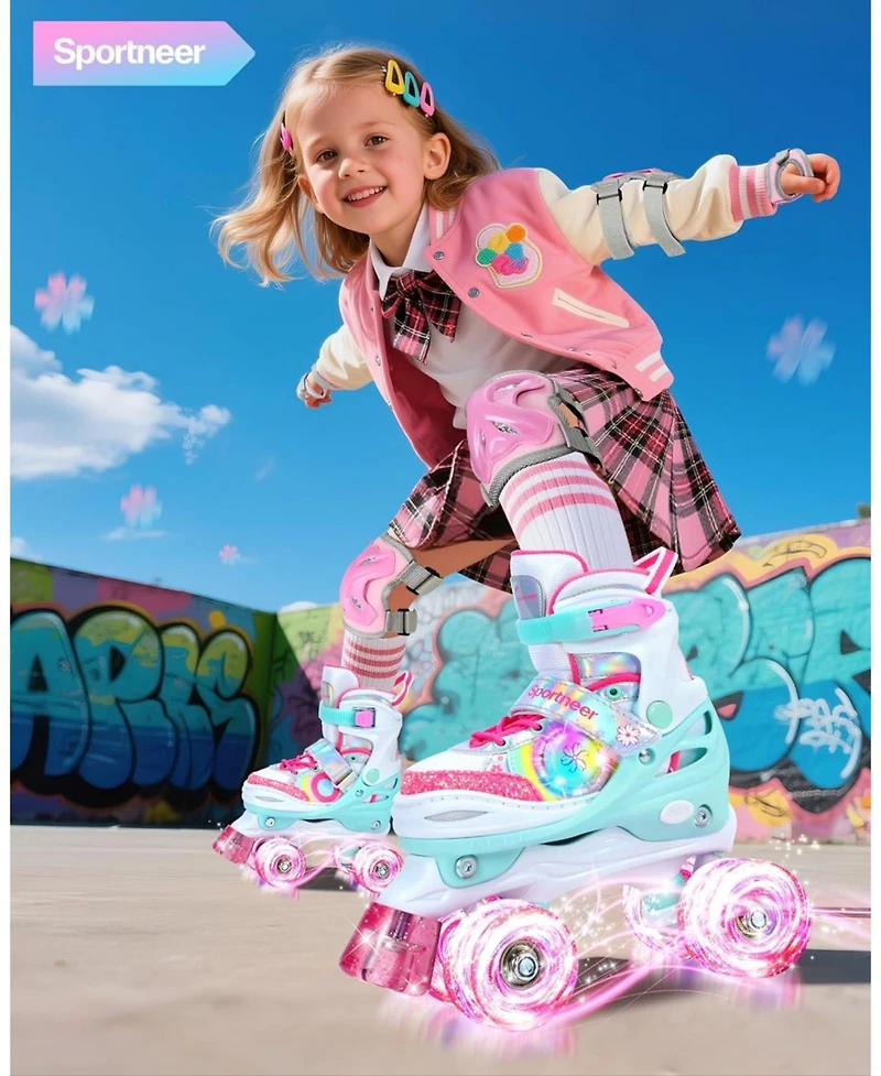 Sportneer Kids Roller Skates 4 Size Adjustable 8 Flash Led Wheels with Gear for Ages 3-12 Xs Foot Length 5.7 to 6.3 Inch Indoor Outdoor