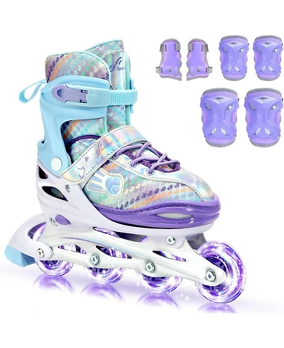 Sportneer Inline Skates 4 Size Adjustable Light Up Wheels Protective Gear Set for Kids Girls Beginners Indoor Outdoor