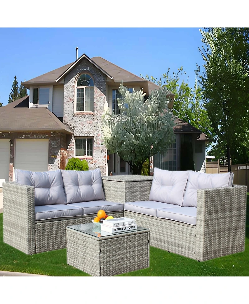Clihome 4-Piece Outdoor Pe Rattan Patio Furniture Set - 2 Loveseats, Storage Table, Tempered Glass Coffee Table