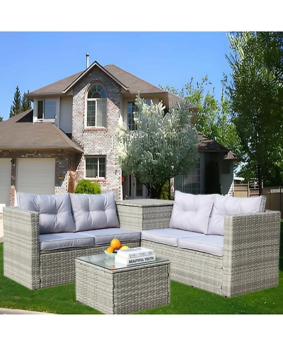 Clihome 4-Piece Outdoor Pe Rattan Patio Furniture Set - 2 Loveseats, Storage Table, Tempered Glass Coffee Table