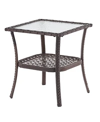 Sonkuki Outdoor Pe Rattan Side Table, Water-Corrugated Glass Tabletop Water-Proof for Indoor and