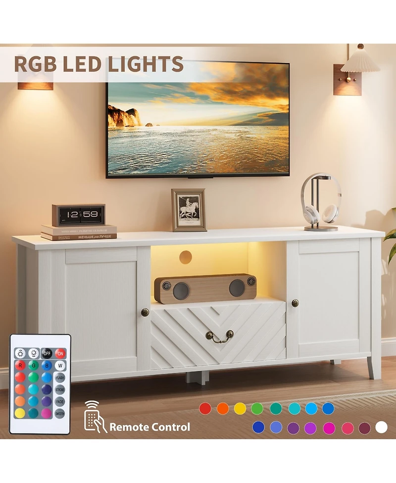 homfan Modern Farmhouse Tv Stand with Led Lighting, Storage Cabinets and Drawers