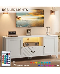 homfan Modern Farmhouse Tv Stand with Led Lighting, Storage Cabinets and Drawers