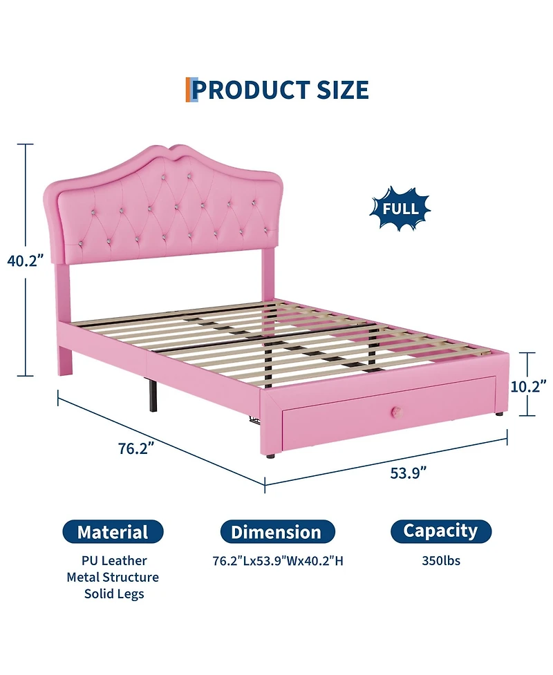 gaomon Upholstered Platform Bed Frame with Led Lights, Crystal Tufted Headboard, Storage Drawer, Noise-Free Slats