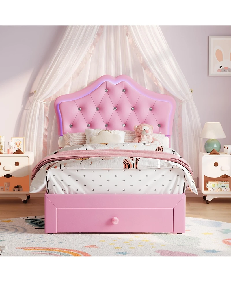 gaomon Upholstered Platform Bed Frame with Led Lights, Crystal Tufted Headboard, Storage Drawer, Noise-Free Slats