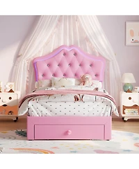gaomon Upholstered Platform Bed Frame with Led Lights, Crystal Tufted Headboard, Storage Drawer, Noise-Free Slats