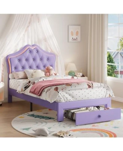 Gaomon Upholstered Platform Bed Frame With Led Lights Crystal Tufted Headboard Storage Drawer Noise Free Slats Easy Assembly
