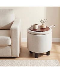 Slickblue Linen Fabric Storage Ottoman Round Footrest Stool