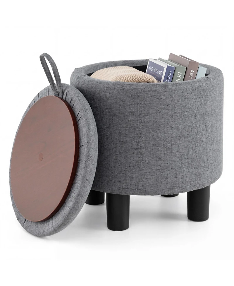 Slickblue Linen Fabric Storage Ottoman Round Footrest Stool