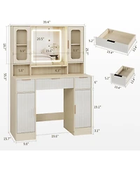 Homfan Vanity Desk with Mirror and Adjustable Led Lights, 2 Glass Cabinets, 2 Spacious Cabinets, 3 Wavy Drawers, Makeup Dressing Table for Bedroom