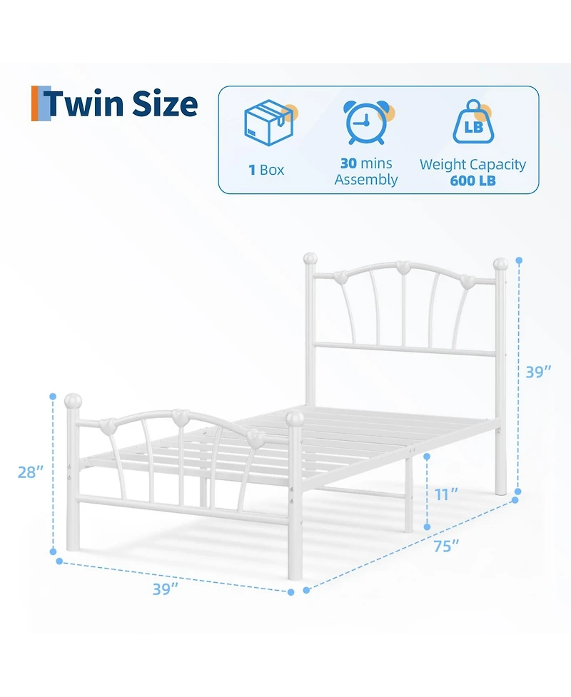 Homfan Heart-Shaped Metal Platform Bed Frame with Headboard and Footboard, Quiet Slat Support