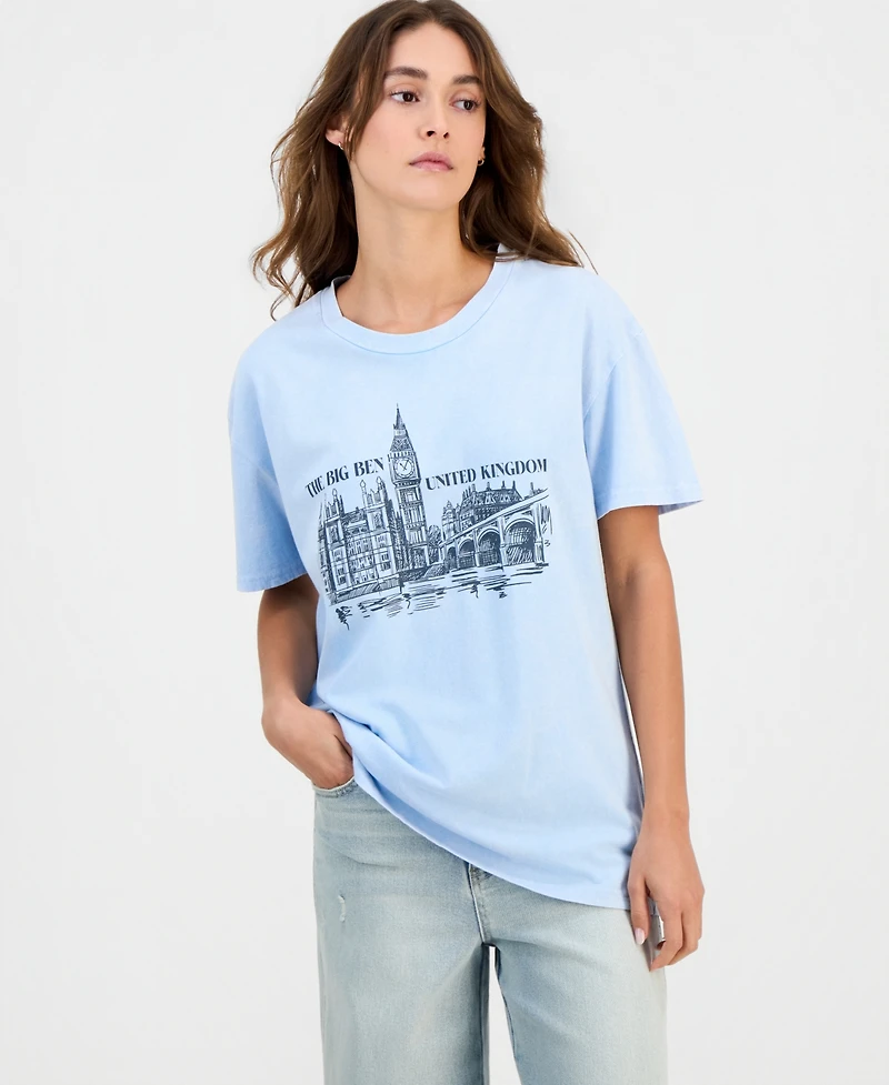 Rebellious One Juniors' Cotton London Big Ben Mineral-Wash Tee