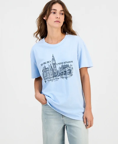 Rebellious One Juniors' Cotton London Big Ben Mineral-Wash Tee