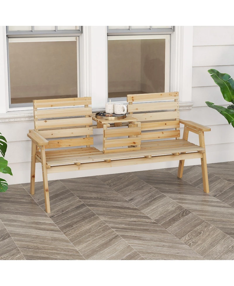 Gymax Outdoor Fir Wood Bench Foldable Middle Table w/ Backrest and Armrests