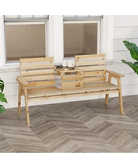 Gymax Outdoor Fir Wood Bench Foldable Middle Table w/ Backrest and Armrests